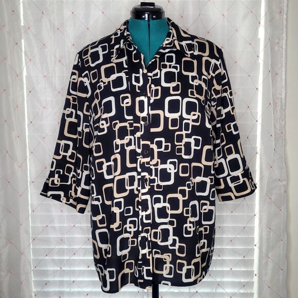 Maggie Barnes Geometric Button Up Lagenlook Career Office Work Blouse Top 1X - Picture 1 of 6
